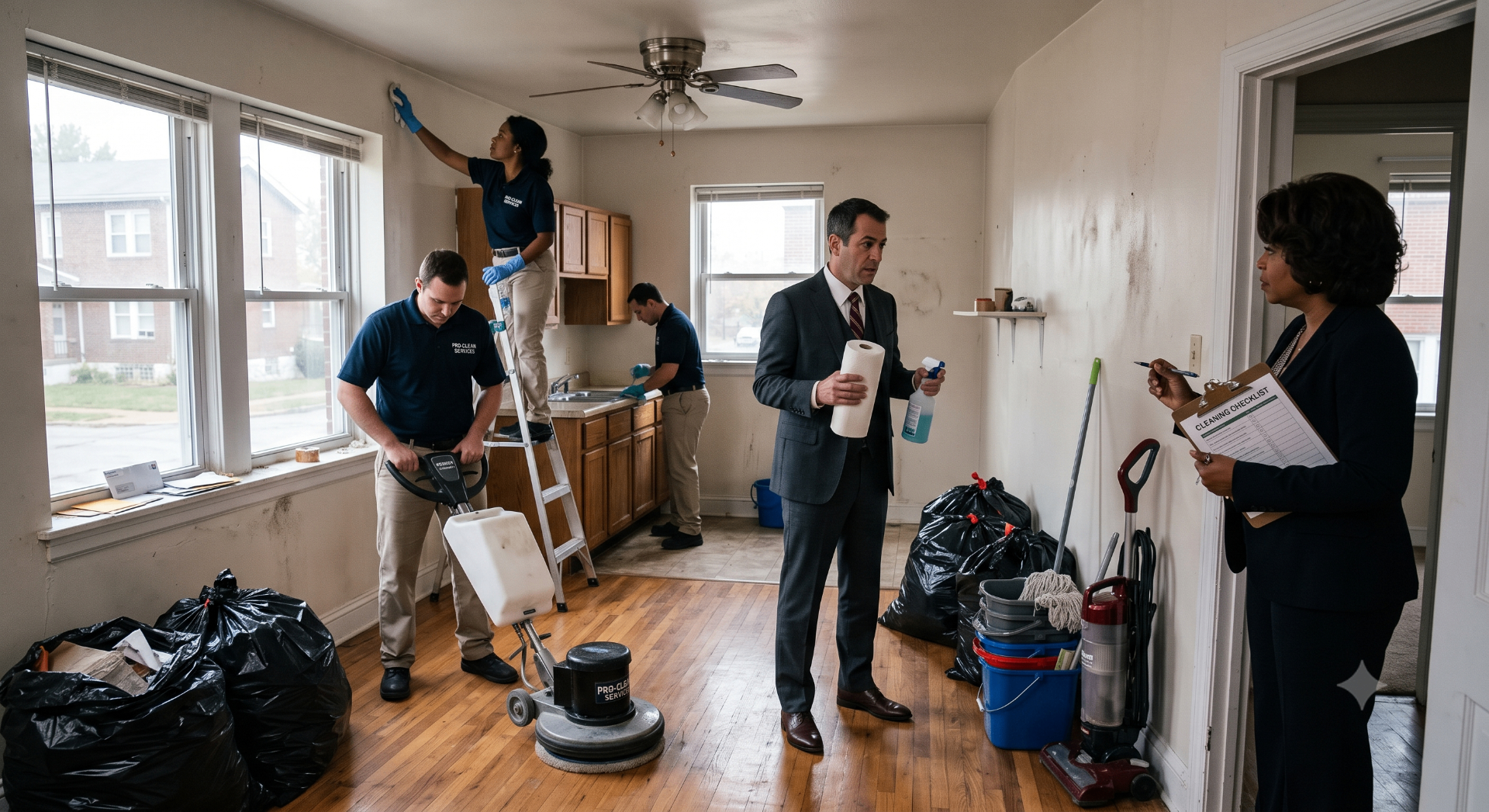 Professional crew trashing out and deep-cleaning a St. Louis rental after possession