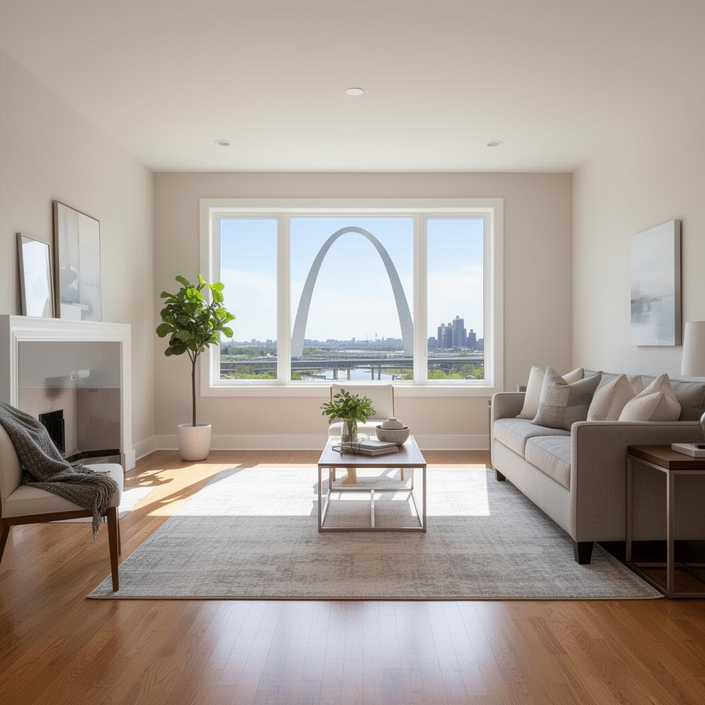 Clean, modern rental house interior in St. Louis with the Gateway Arch visible through the window